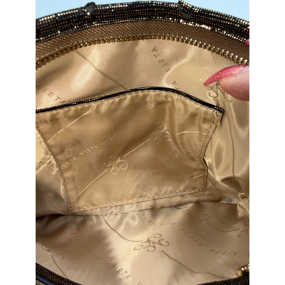 Vieta Metallic Gold Black Shimmer Clutch Bag with Rhinestone Charm Wristlet - Picture 12 of 14